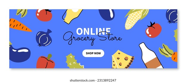 Online grocery blue banner concept. Natural and organic products. Vegetables and dairy products, milk and cheese. Corn, tomato, eggplant and cucumber. Cartoon flat vector illustration