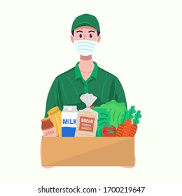 Online Grocery Concept. Delivery Man With Protective Mask Delivering Food. Vector