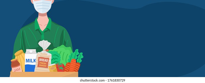 Concepto de compras en línea. Hombre de parto con máscara protectora que entrega comida. Vector