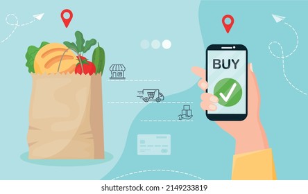 Online Grocery Concept. Hand Holds Smartphone, Fast Home Delivery Of Goods And Cashless Transfers. Convenient And Modern Service, Digital World And Innovation. Cartoon Flat Vector Illustration