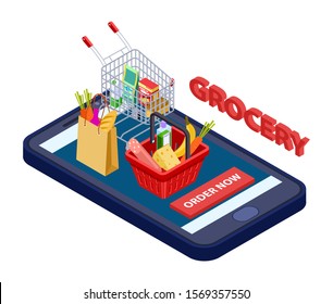 Online grocery concept. Vector mobile app for grocery store with food, vegetables, fruits