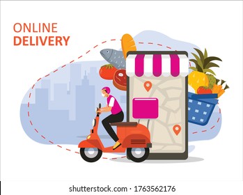 Online Grocery Delivery Motorcycle Taxi Rider Or Driver Illustration Vector Wear Purple T-shirt And Helmet Riding Scooters With City Building Silhouette Background