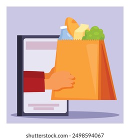 Online grocery delivery service app concept with courier handing fresh food from mobile phone