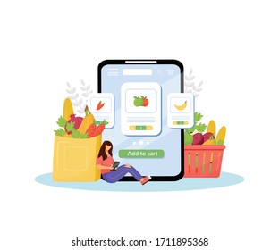 Online grocery flat concept vector illustration. Vegetables and fruits buyer, female customer with smartphone 2D cartoon character for web design. Online veggies ordering and delivery creative idea