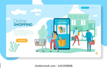 Online grocery. Landing Internet retail purchase smartphone website shop app customer on-line services payment technology vector concept