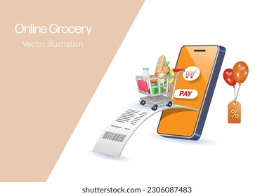 Online grocery service.  Shopping trolley cart with bill receipt on smart phone app. Online delivery, shopping service and e-commerce internet mobile application. 3D vector.