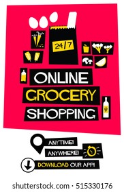 Online Grocery Shopping. Anytime Anywhere Download Our App. Flat Style Vector Illustration. Quote Poster Design