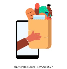 Online grocery shopping app concept - store purchase home delivery business icon isolated on white background, flat vector illustration of tablet with hand coming out with market produce in paper bag