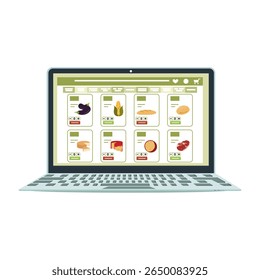 Online grocery shopping app interface on laptop screen for convenient food selection and purchase vector