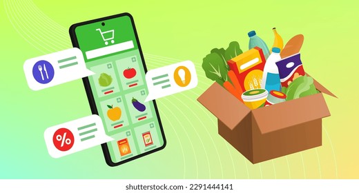 Aplicación de compras de comestibles en línea en smartphone y comestibles entregados en una caja