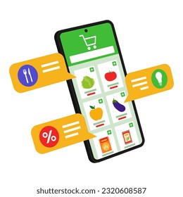 Aplicación de compras de comestibles en línea en smartphone: se muestran diversos elementos y consejos sobre ventanas emergentes