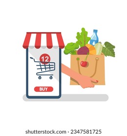 Online grocery shopping app on smartphone. Hands holding a bag full of fresh groceries. Food delivery concept. Vector illustration flat design. Isolated on white background.