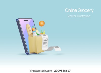 Online grocery shopping. Grocery basket delivery direct to home on smart phone. E-commerce internet mobile application. 3D vector.