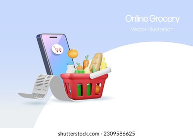 Online grocery shopping. Grocery basket delivery direct to home on smart phone. E-commerce internet mobile application. 3D vector.