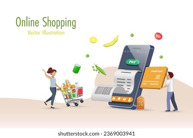 Online grocery shopping by credit card payment. Happy customer with trolley cart enjoy shopping on smartphone app with billing receipt. Grocery and supermarket, E-commerce, contactless payment.