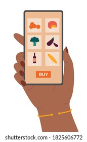 Online grocery shopping concept. Buying food via internet using mobile phone. Black female hand holding a smartphone. App for an online grocery store and delivery. Isolated flat vector illustration