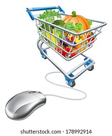 Online grocery shopping concept, of a computermouse connected to a shopping cart trolley full of health vegetables