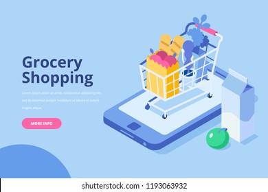 Online Grocery Shopping Concept. Isometric Shopping Cart With  Fresh Food And Drink.Order Food, Grocery Online From App By Smart Phone. Flat Isometric Vector Illustration.