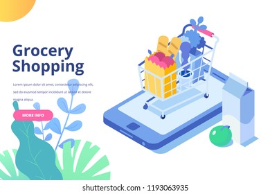 Online Grocery shopping concept. Isometric Shopping cart with  fresh food and drink.Order food, grocery online from app by smart phone. Flat isometric vector illustration.