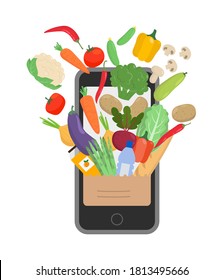Online Grocery Shopping Concept, Order Food. Vector Illustration.
