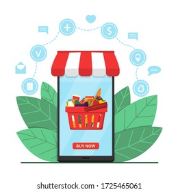 Online Grocery Shopping Concept. Product cart in smartphone and icons. E-commerce online store. Ordering food by smartphone app. Delivery concept. Flat vector isolated illustration for banner, poster