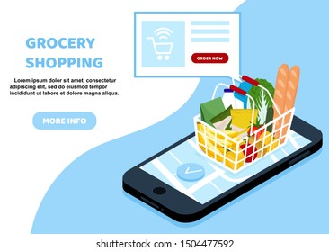 Online Grocery shopping concept. Smartphone screen with buy button and supermarket basket full of food. Modern concept for web banners, web sites, infographics. Creative flat design vector 