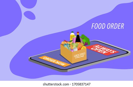 Online Grocery shopping concept. Smartphone screen with order now button and supermarket basket full of food. Modern concept for web banners, web sites, infographics. Creative flat vector
