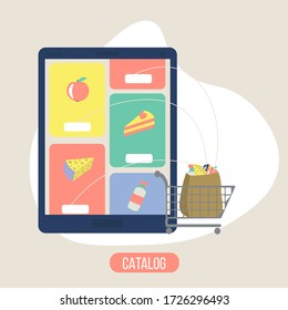 Online grocery shopping concept. Tablet with open supermarket app , cart and poket with foodstuff. Delivery internet service for gadget. Illustration in flat style.