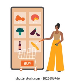 Online grocery shopping concept. Young beautiful black woman ordering food at the delivery service via mobile phone. Buying goods on the internet. Isolated flat vector illustration