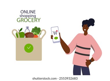 Online grocery shopping. customer orders food from a supermarket through an app on their phone.food selection concept. Flat cartoon vector illustration isolated on white background.