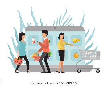 Online grocery shopping and delivery application. Customer buy food in market by internet. Buyers with trolleys buying products in mobile app