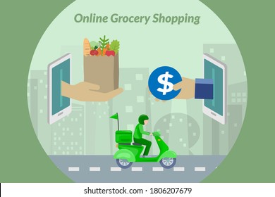 Online grocery shopping and delivery concept with transaction happening over phone and delivery driver