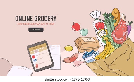 Online grocery shopping and delivery service concept. Shop via an application on the device. Flat design vector illustration.