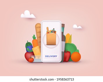 Online Grocery Shopping. Delivery Service. Online Ordering Of Food, Grocery Delivery, E-commerce. 3D Vector Illustrations.