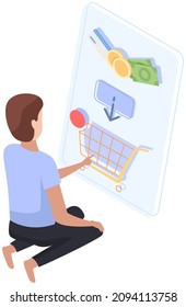 Online grocery shopping flat concept. Young man uses smartphone to buy food. Cartoon character makes purchases isolated design element. Food delivery. Trolley full of goods. Buying online application