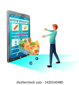 Online grocery shopping flat vector illustration. Happy man uses smartphone to buy food. Cartoon character makes purchases isolated design element. Food delivery. Trolley full of goods