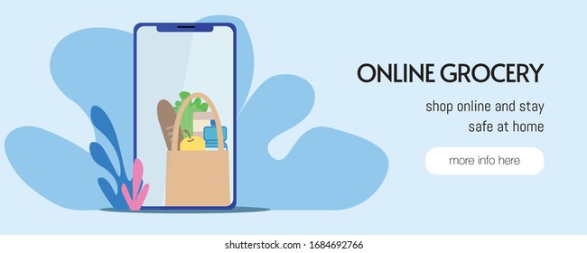 Online grocery shopping flat vector website banner; blue smartphone and bag with food at blue background with floral elements.
