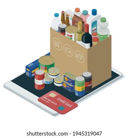 Compras en línea: comestibles en una tableta digital y tarjeta de crédito, ilustración 3D