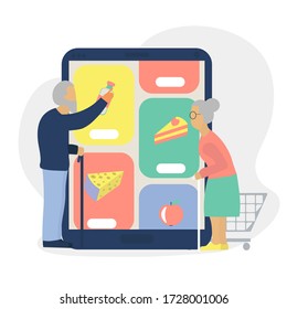 Online grocery shopping and  
helping older people concept.  Old man and woman Make order in delivery service.  Care for relatives during quarantine. Cute happy illustration in flat style. 