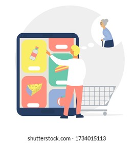 Online grocery shopping and  
helping older people concept.  Man makes an order in  delivery service for old woman.  Care for relatives during quarantine. Cute happy illustration in flat style. 