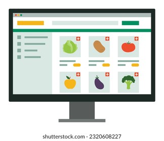 Online grocery shopping interface on screen with assorted items on sale