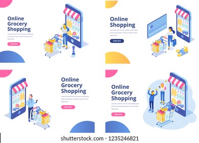 Online grocery shopping isometric concept. Isometric Women and men characters with shopping bags and shopping carts. 	
Different People making online shopping.
Big Sale. Flat vector design.