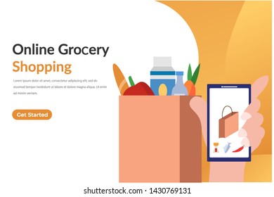 online Grocery shopping. Order food. Mobile grocery shopping e-commerce concept for web landing page template, banner, presentation, Card, Book Illustration and print media