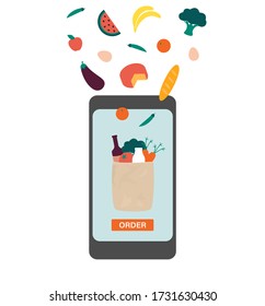 Online grocery shopping. Order organic food, fresh vegetables and fruit via internet using smartphone. App for an online grocery store and delivery. Isolated flat vector illustration