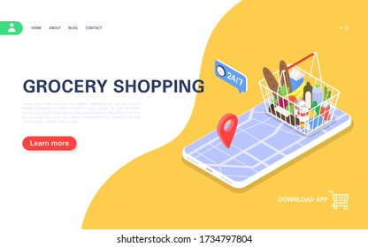 Online grocery shopping. Order products through the mobile app and home delivery. Vector isometric illustration.