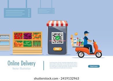 Online grocery shopping, payment and delivery service. Mobile app with barcode payment and scooter deliver grocery foods to customer. 3D vector.