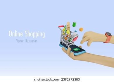 Online grocery shopping and payment. Hand press buy button with grocery shopping trolley cart on smartphone. 3D cartoon character. Vector.