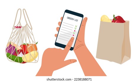 Online Grocery Shopping. Person makes order in online store. Hands hold cell phone and and grocery bags. Vector flat illustration. Customer service, Smartphone apps concept. Online store concept.