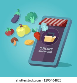 Online grocery shopping store, food goods. On mobile screen, buy process, online shopping concept. Vector illustration
