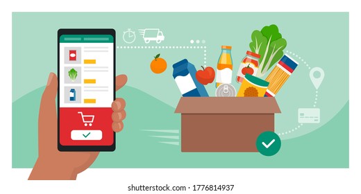 Compras on-line: usuário que solicita mantimentos on-line usando um aplicativo móvel, caixa com alimentos frescos em segundo plano, conceito de entrega de comida